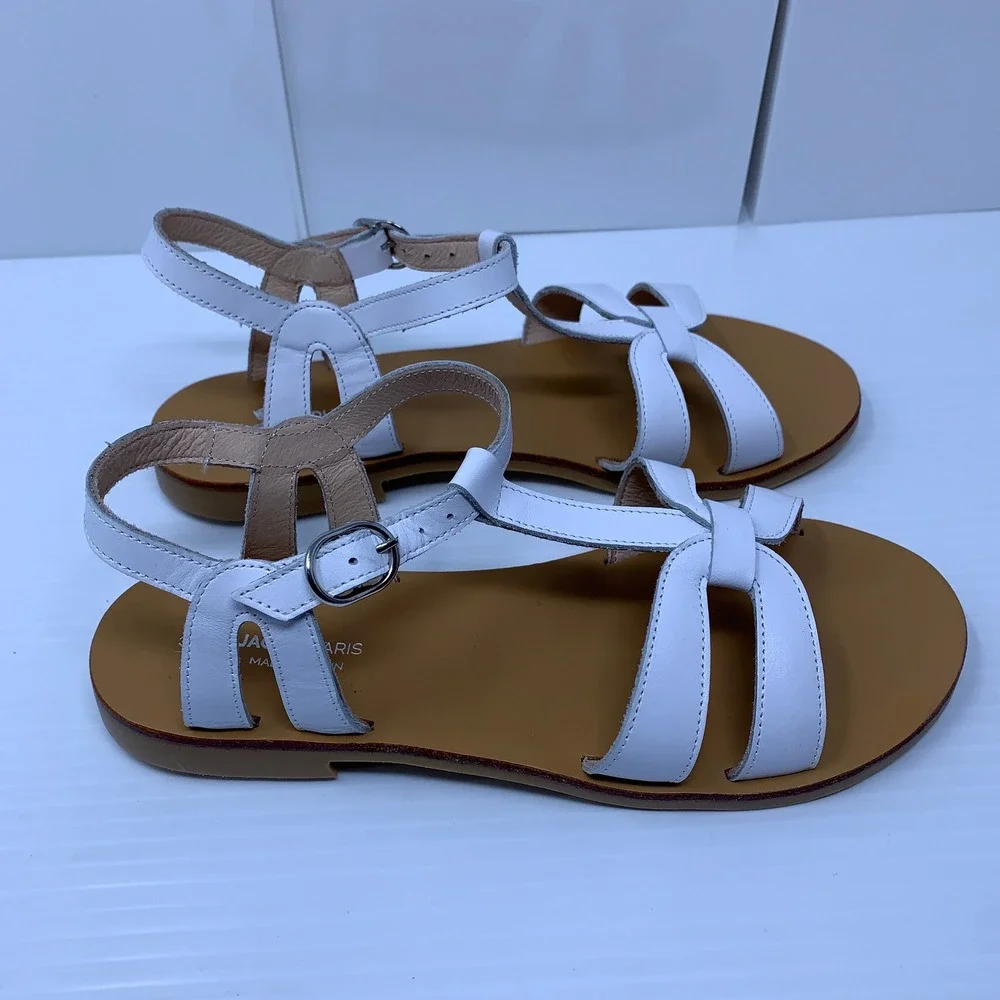 Jacadi Girls 35 (US Size 4) White Leather T-Strap Buckle Flat Sandals New